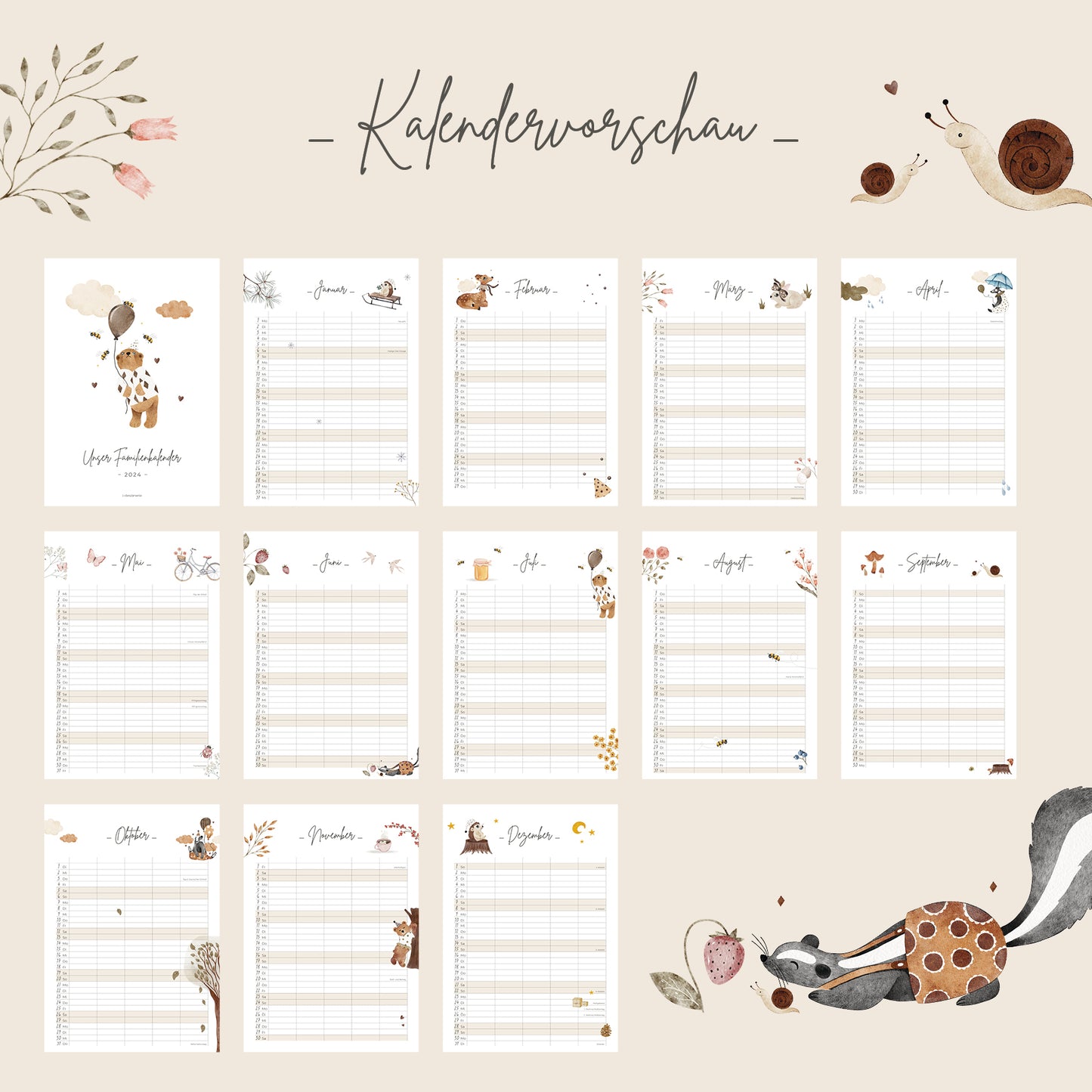Kalender 2024 "Wald" als Familienkalender mit 5 Spalten – Weihnachtsgeschenk