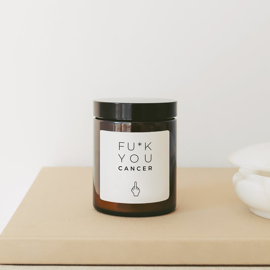 Krebspatient Geschenk Kerze "Fuck You Cancer" personalisiert Mutmacher für Krebskämpfer