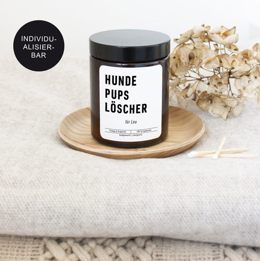 Kerze im Glas mit Hunde-Spruch "Hundepups" personalisierte für Hundebesitzer als Geschenk // Hundehalter u. Hundeliebhaber Hundefurz Löscher