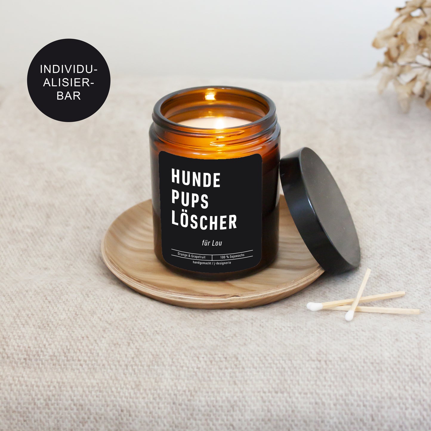 Kerze im Glas mit Spruch "Hundepups" personalisierte für Hundebesitzer als Geschenk // Hundehalter u. Hundeliebhaber Hundefurz Löscher