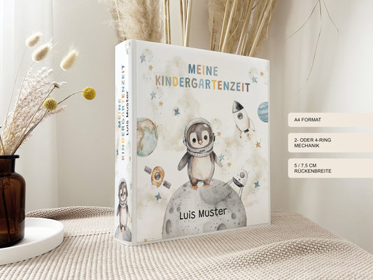 Kindergarten Ordner Astronaut Pinguin für Kita, Krippe oder Schule personalisiert