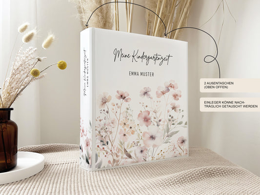 Kindergarten Ordner "Flower" personalisiert mit Namen als Geschenk / Sammelmappe und Ringordner für Krippe Schule oder Kita / DIN A4