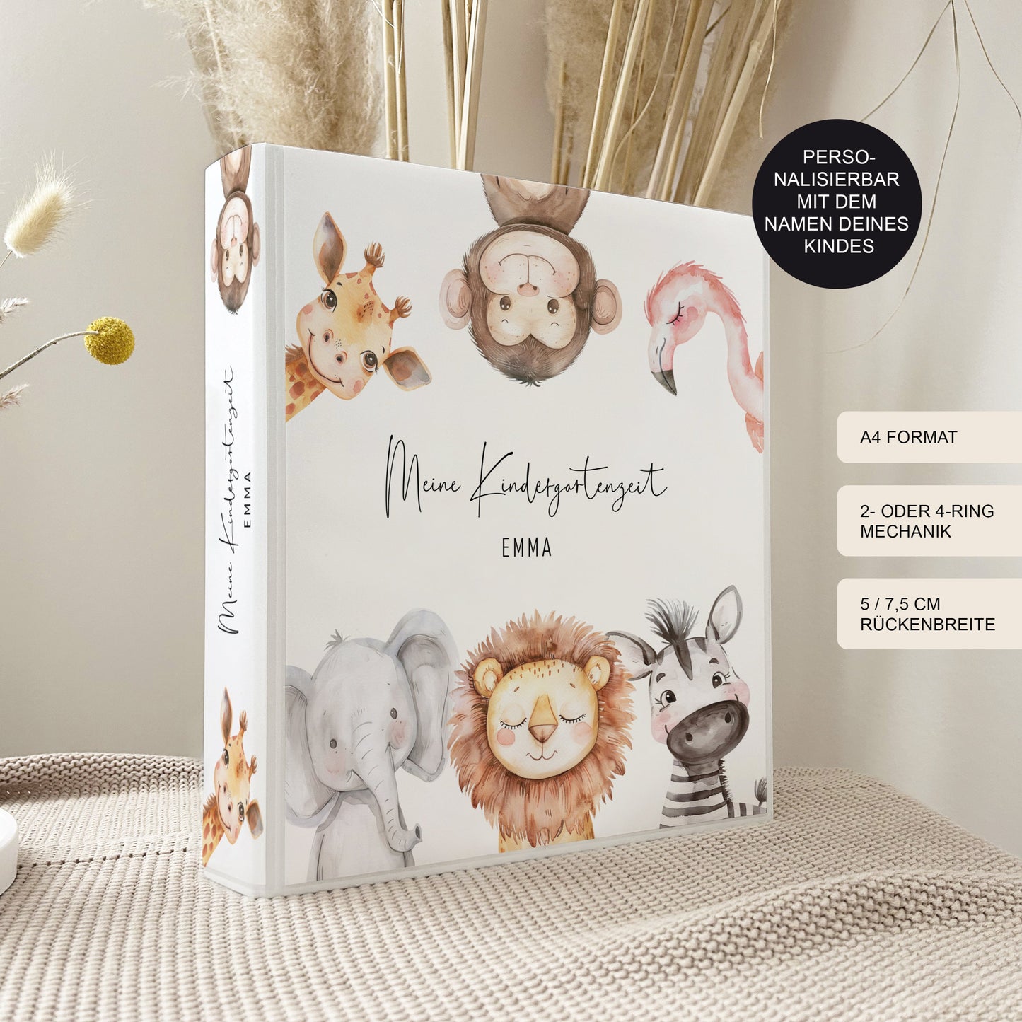 Kindergarten Ordner "Safari Porträt" personalisiert mit Namen als Sammelmappe Krippe Schule oder Kita