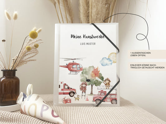 Zeichenmappe A4 & A3 "Feuerwehr" personalisiert mit Namen für Kindergarten und Schule – Sammelmappe Kunstmappe