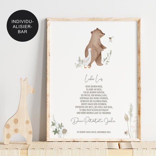 Patenbrief "Bär mit Gans" personalisiert – Taufgeschenk Patenkind