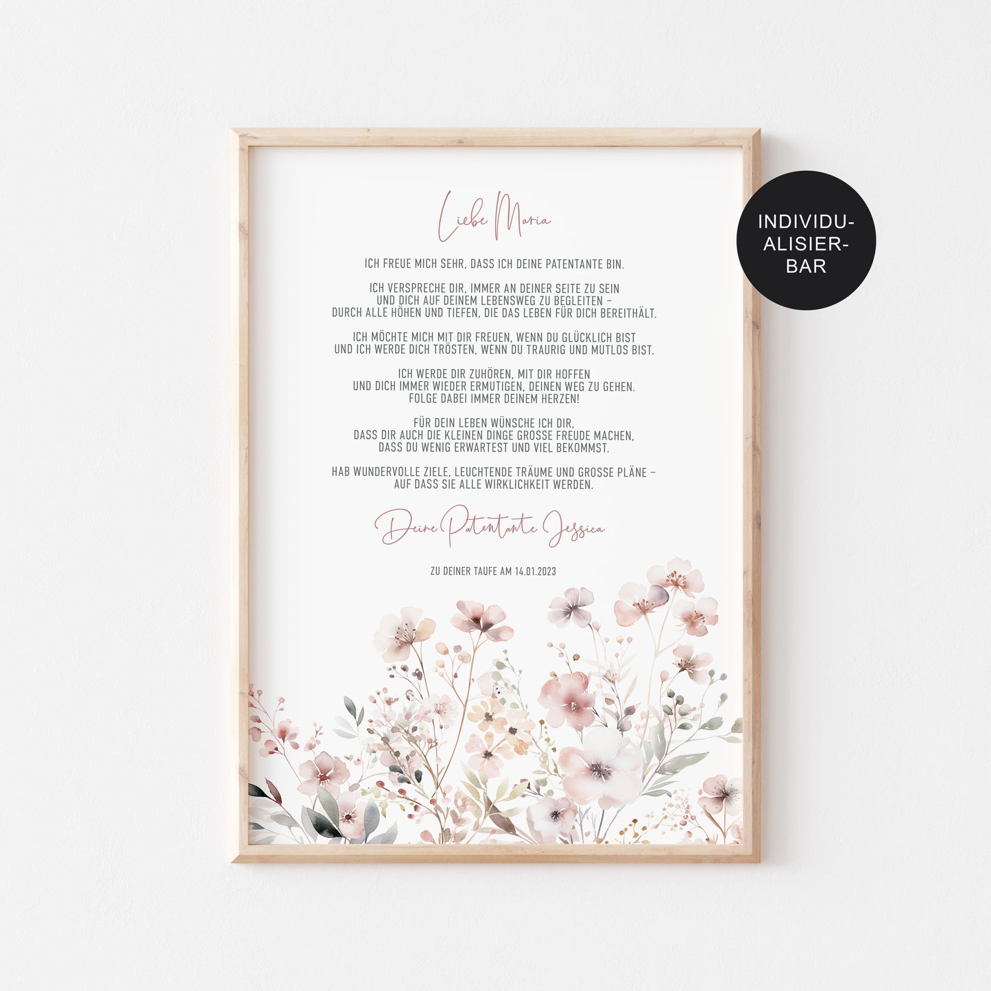 Patenbrief "Flowers" personalisiert – Geschenk zur Taufe für Mädchen