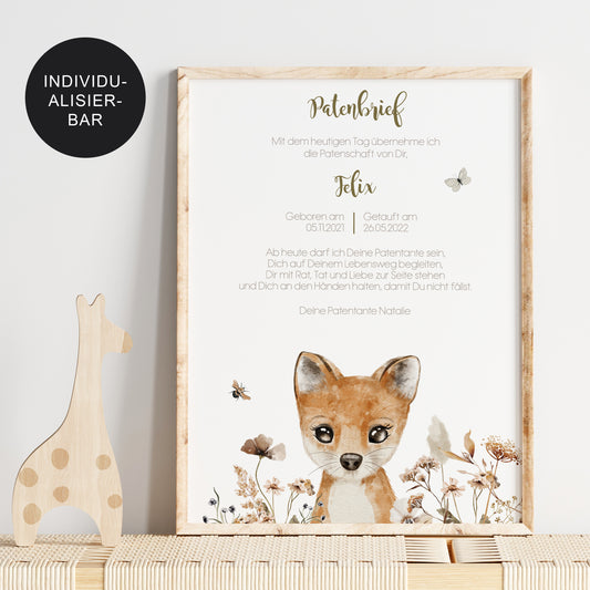 Patenbrief "Fuchs" personalisiert – Geschenk zur Taufe Patenkind