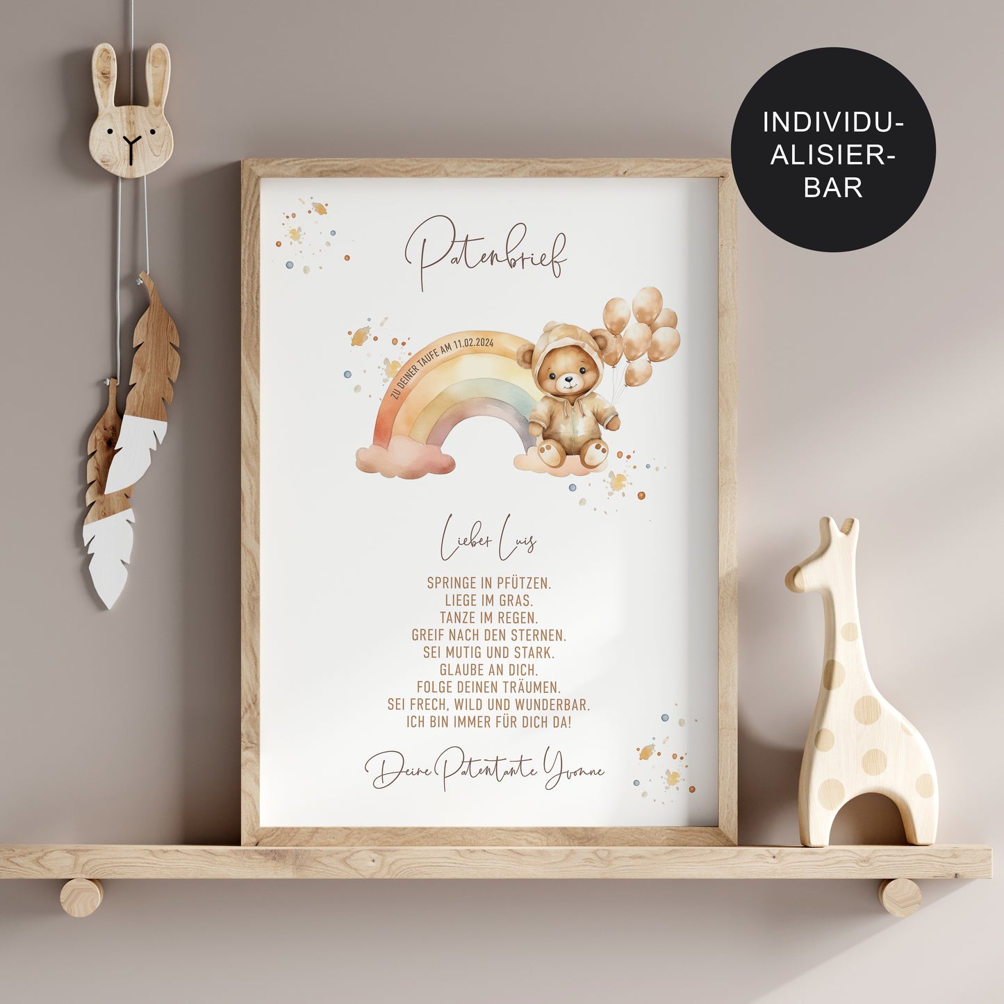 Patenbrief Taufe "Bär" personalisiertes Geschenk an das Patenkind