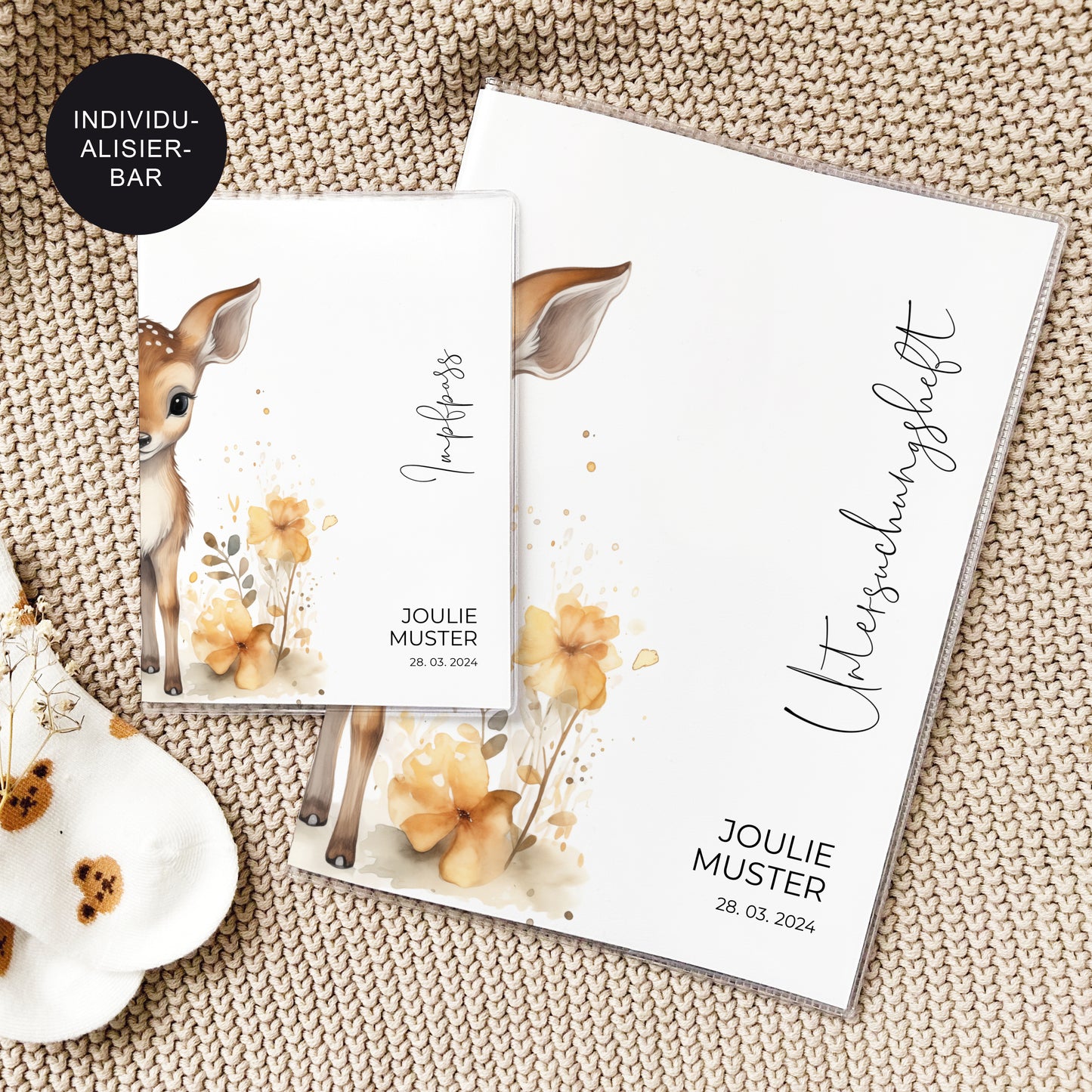 U-Heft Hülle personalisiert "Reh" – Geschenkidee Geburt frischgebackene Eltern