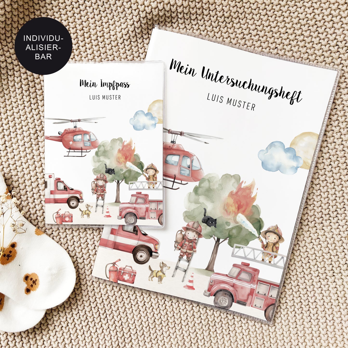 U-Heft Hülle personalisiert mit Namen "Feuerwehr" – Geschenk Geburt Baby Junge