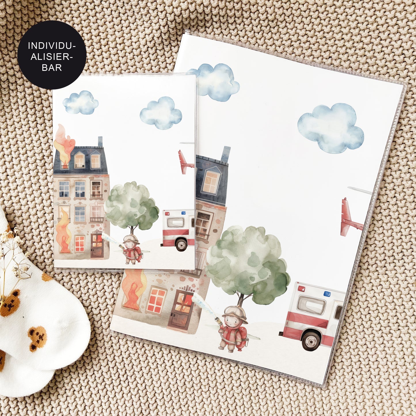 U-Heft Hülle personalisiert mit Namen "Feuerwehr" – Geschenk Geburt Baby Junge