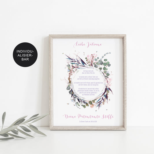 Patenbrief Blätterkranz personalisiert – Taufgeschenk Mädchen