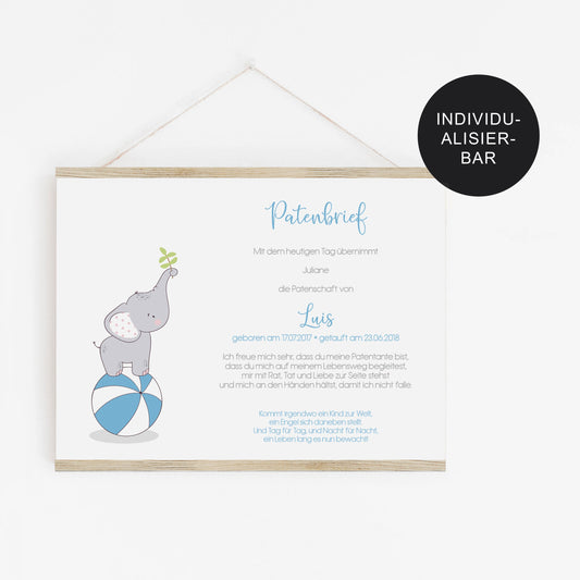 Patenbrief personalisiert Elefant – Patenurkunde als Taufgeschenk