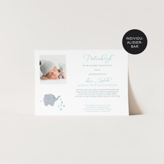 Patenbrief personalisiert kleiner Elefant – Patenurkunde als Taufgeschenk