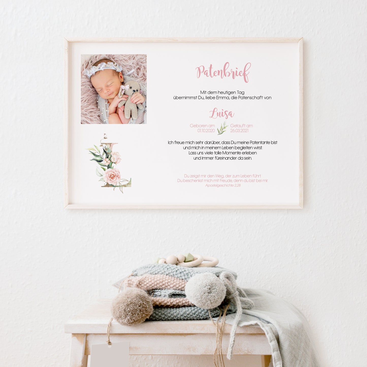 Patenbrief/Patenurkunde Eukalyptus personalisiert – Taufgeschenk Mädchen