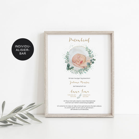 Patenurkunde personalisiert Eukalyptus – Taufgeschenk an die Paten
