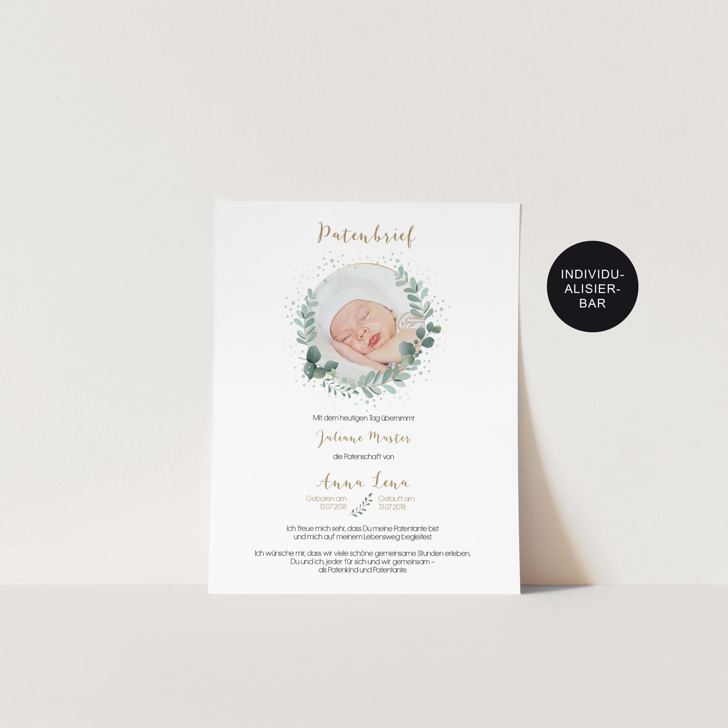 Patenurkunde personalisiert Eukalyptus – Taufgeschenk an die Paten