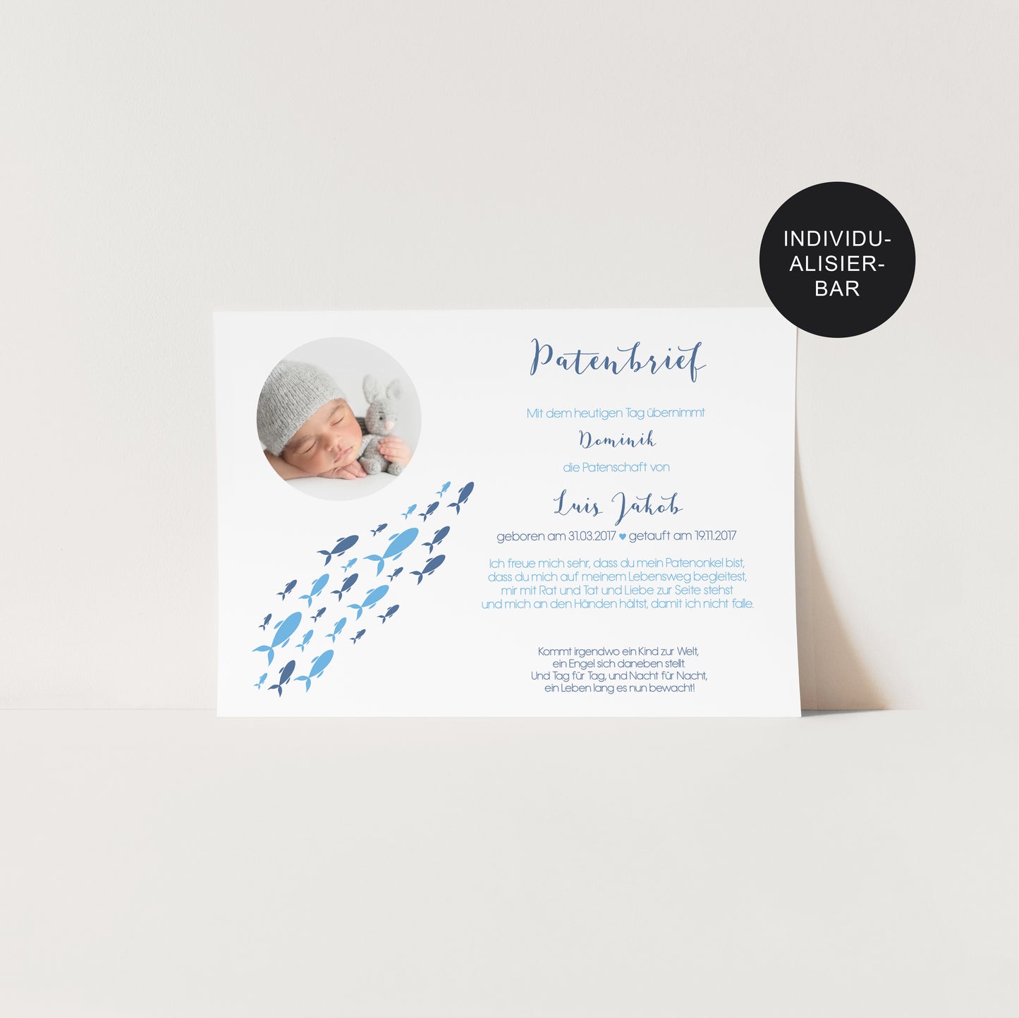 Patenurkunde Patenbrief personalisiert als Geschenk Taufe mit Fischen
