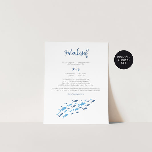 Patenurkunde und Patenbrief personalisiert Fische - Taufgeschenk