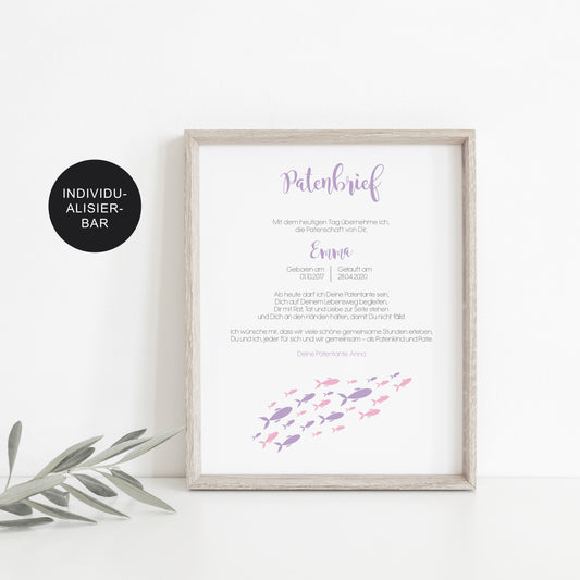 Patenurkunde/Patenbrief personalisiert Fische - Taufgeschenk Mädchen