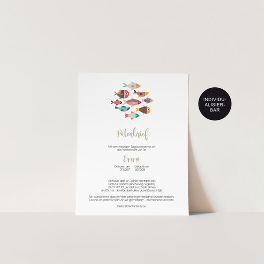 Patenurkunde/Patenbrief Fische personalisiertes Taufgeschenk an das Patenkind