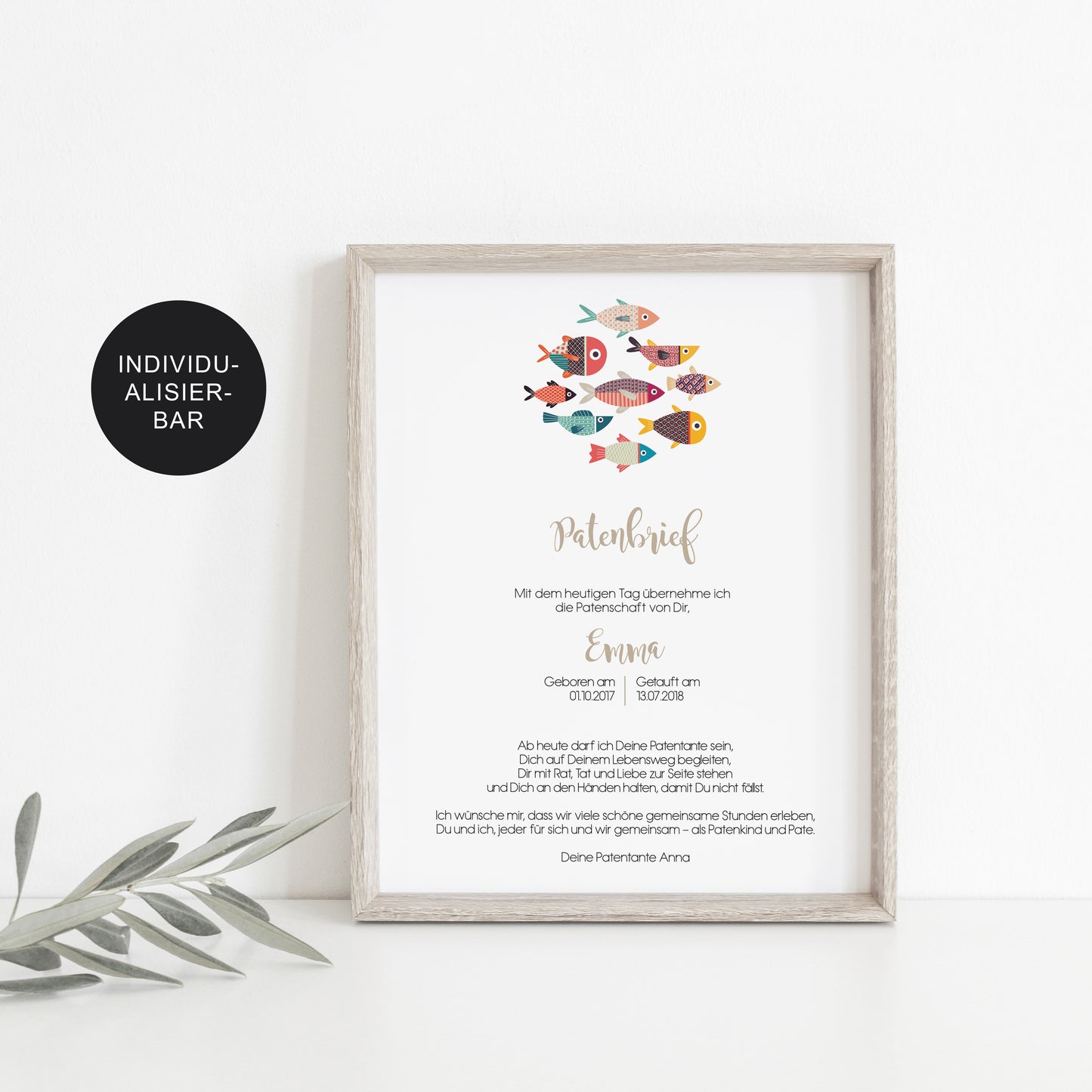 Patenurkunde/Patenbrief Fische personalisiertes Taufgeschenk an das Patenkind