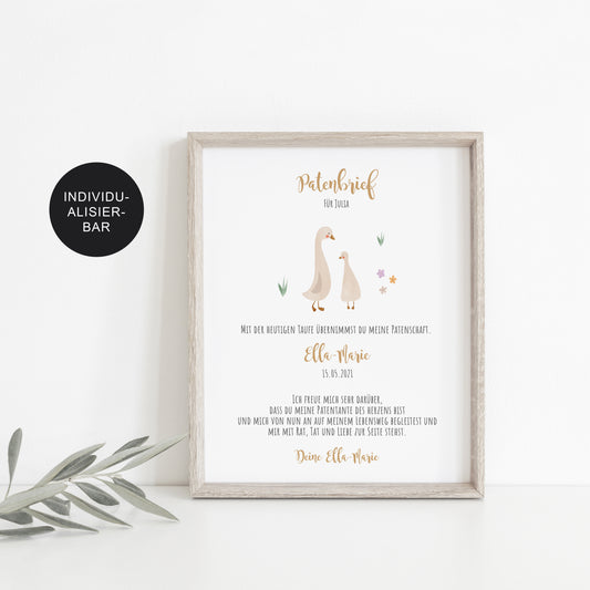 Patenbrief Gänse personalisiert – Patenurkunde als Taufgeschenk an Paten