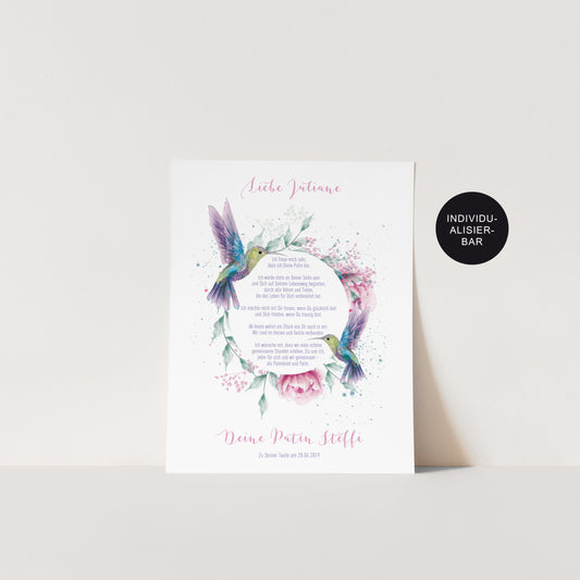 Patenbrief Kolibri personalisiert an das Patenkind als Taufgeschenk