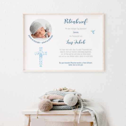 Patenurkunde oder Patenbrief personalisiert Kreuz zur Taufe Patenkind