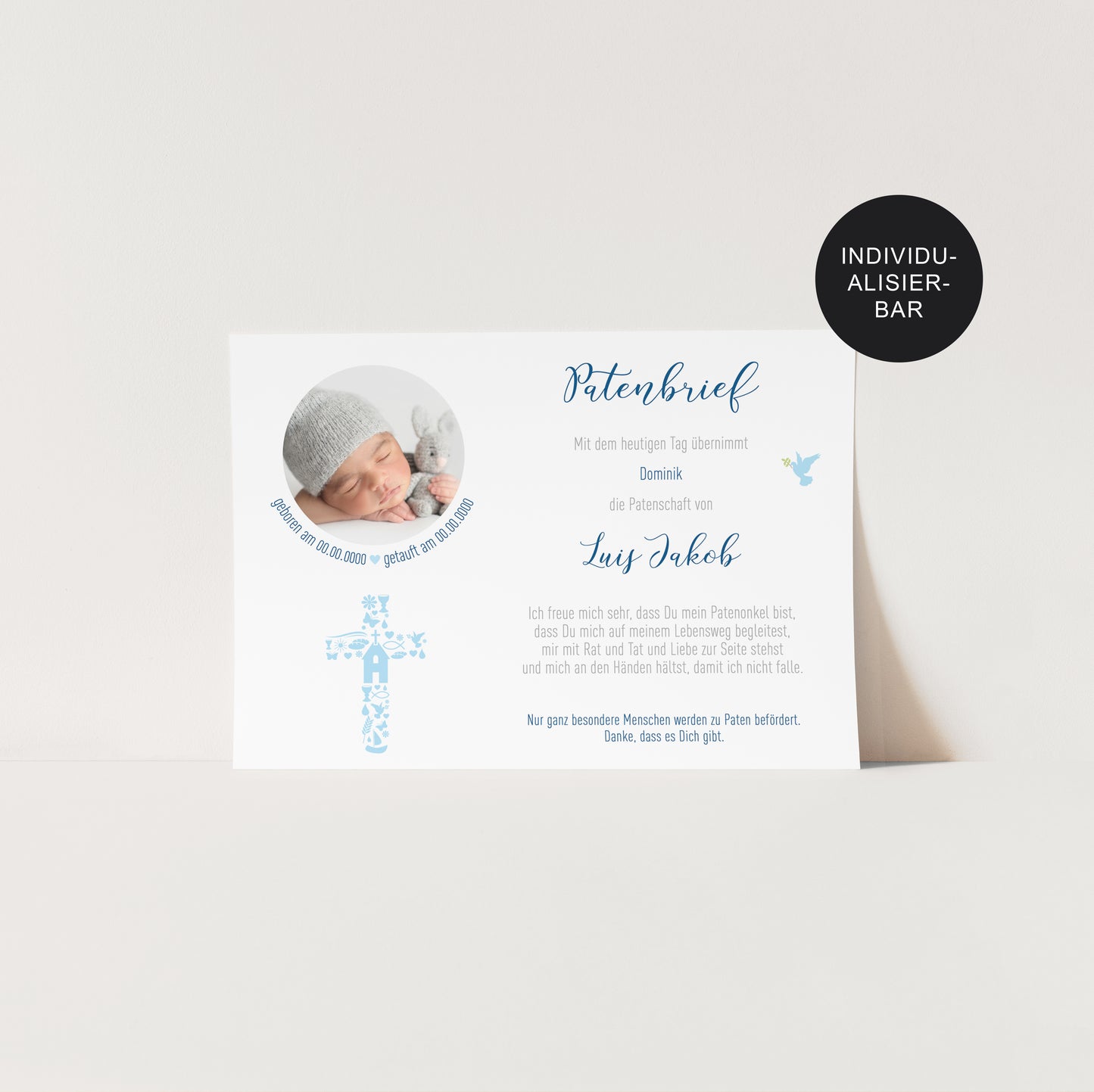 Patenurkunde oder Patenbrief personalisiert Kreuz zur Taufe Patenkind