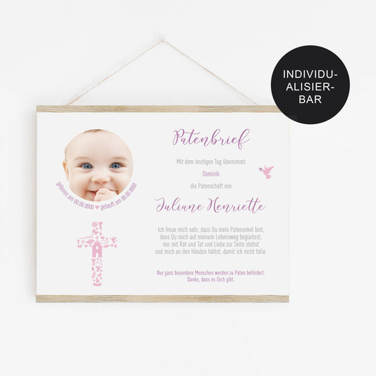 Patenurkunde oder Patenbrief personalisiert Kreuz – Taufe Mädchen