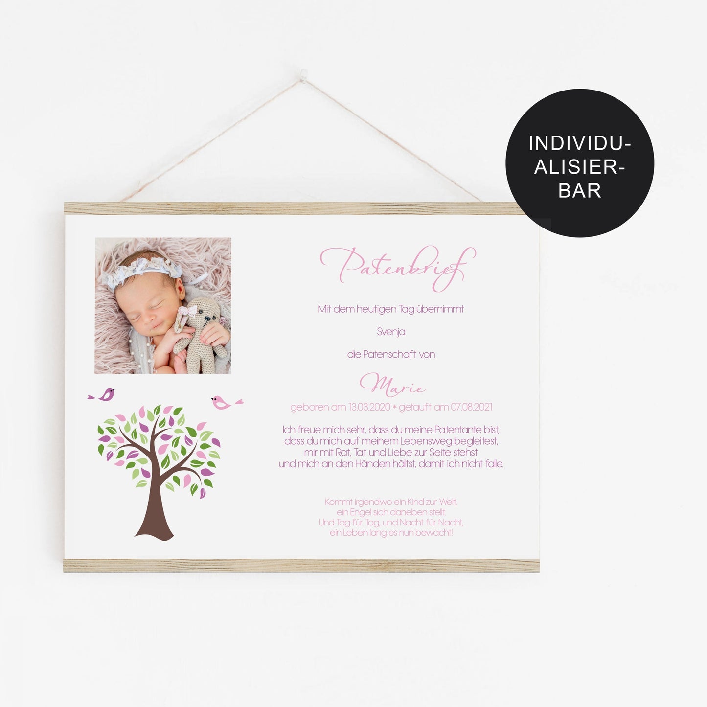 Patenbrief personalisiert mit Lebensbaum – Paten Geschenk zur Taufe