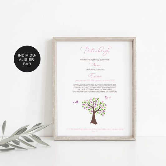 Patenbrief Lebensbaum personalisiert an das Patenkind als Taufgeschenk