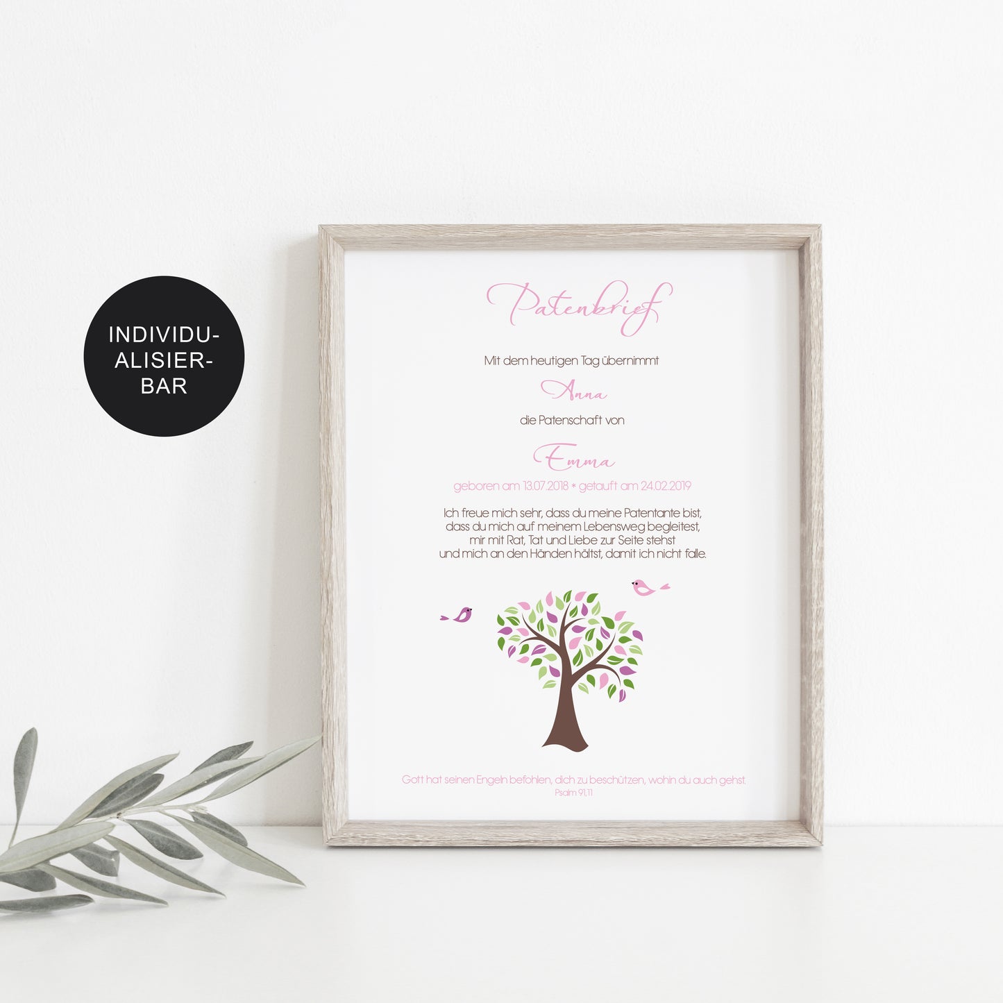 Taufgeschenk Patenbrief personalisiert Lebensbaum an das Taufkind