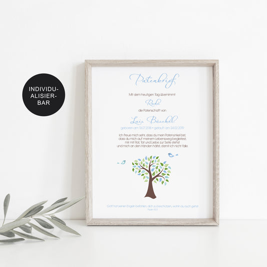 Patenbrief personalisiertes Taufgeschenk Lebensbaum an das Taufkind