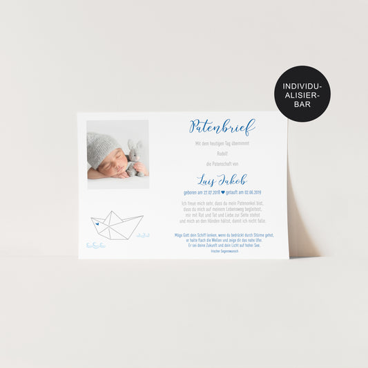 Patenbrief personalisiert Papierschiff Taufe – Taufgeschenk Patenonkel
