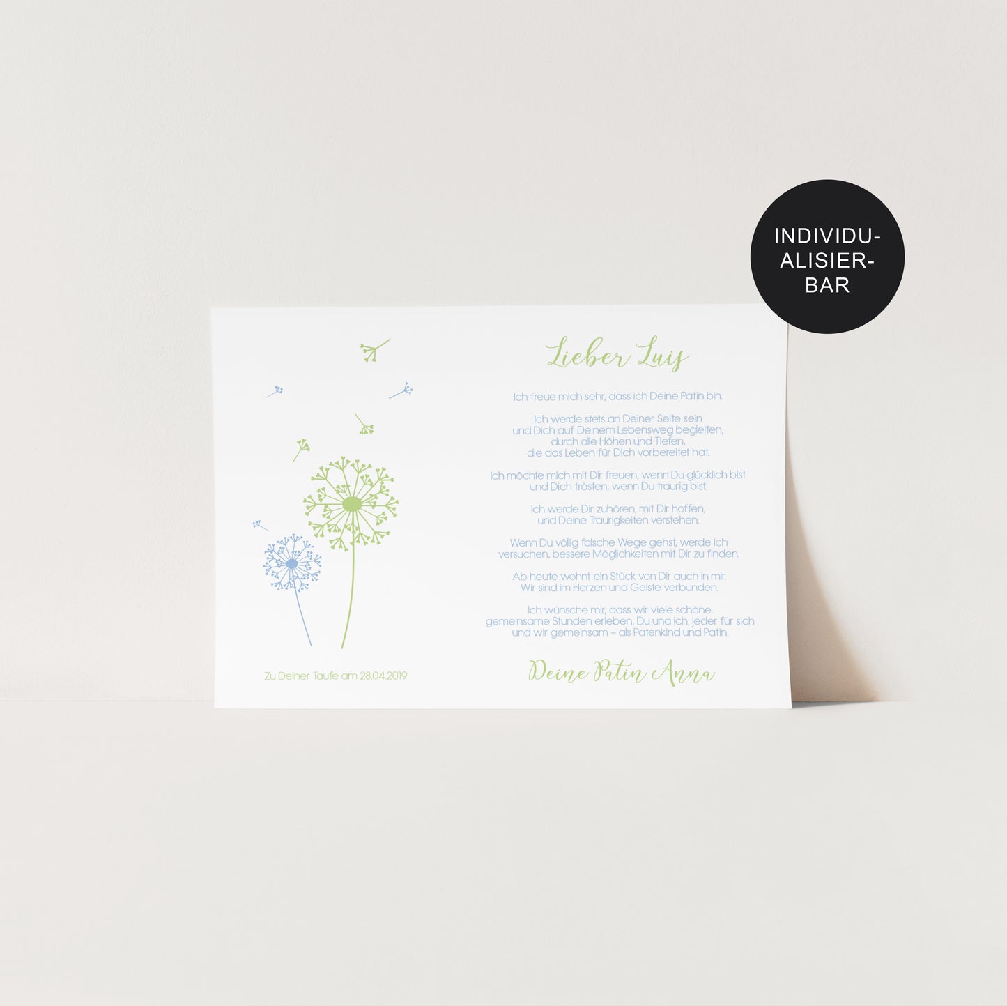 Patenbrief Pusteblume personalisiert Geschenk Taufe – Patenkind