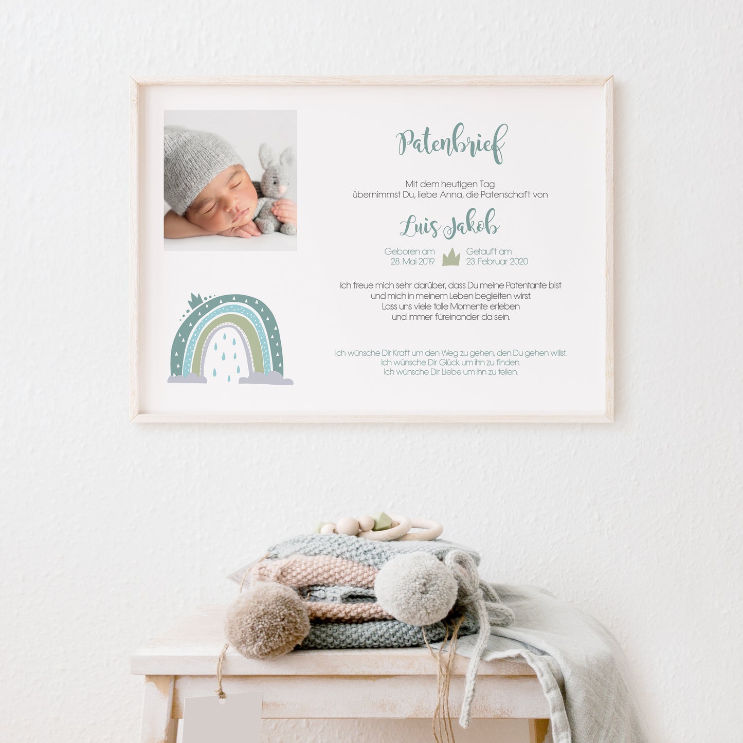 Patenbrief Regenbogen personalisiert als Geschenk zur Taufe an Paten