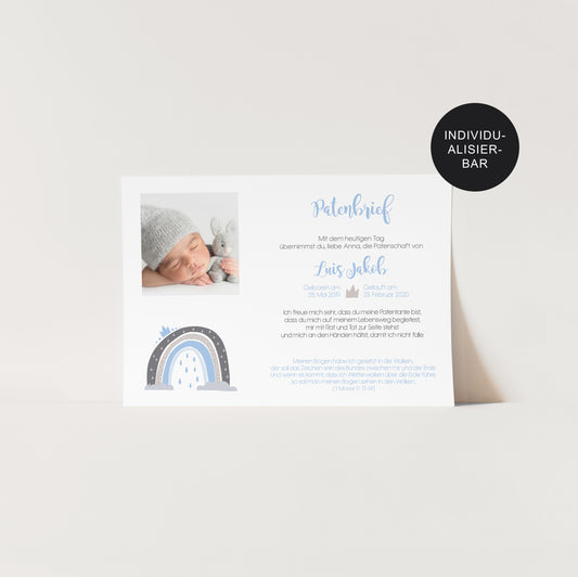 Patenbrief Regenbogen personalisiert mit Bild – Taufgeschenk Paten
