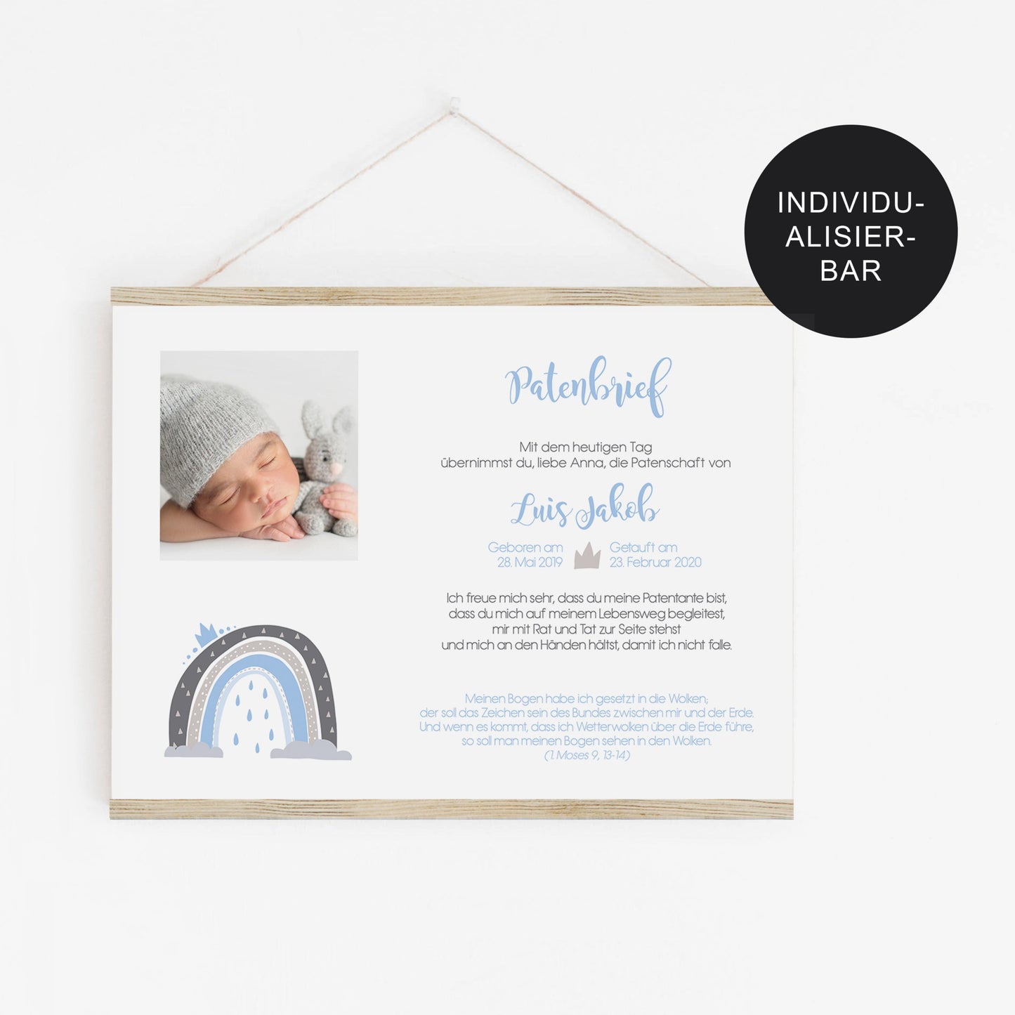 Patenbrief Regenbogen personalisiert mit Bild – Taufgeschenk Paten