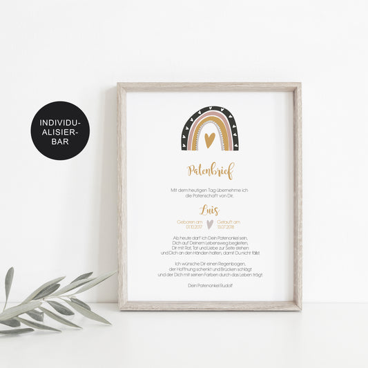 Patenurkunde mit Regenbogen personalisiert – Taufgeschenk Patenkind