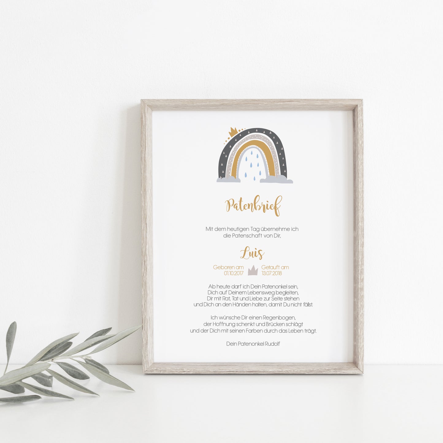 Patenbrief Regenbogen personalisiert an das Patenkind als Taufgeschenk
