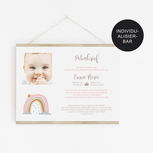 Patenbrief Regenbogen personalisiert als Taufgeschenk an die Paten