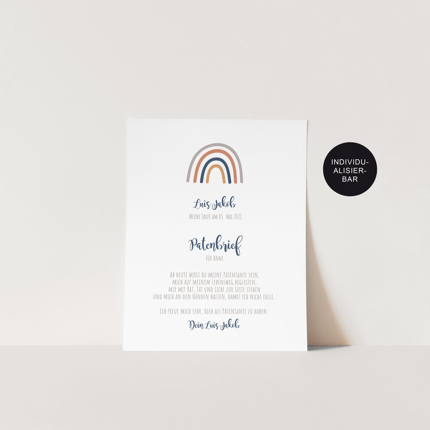 Patenurkunde – Patenbrief personalisiert Regenbogen – Geschenk Taufe