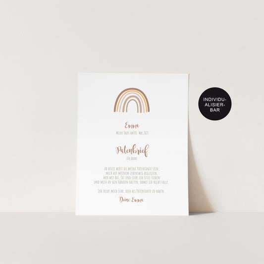 Patenurkunde Regenbogen personalisiert an die Paten – Taufgeschenk Patenbrief