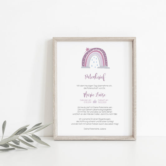 Patenurkunde Regenbogen personalisiert an das Patenkind als Taufgeschenk