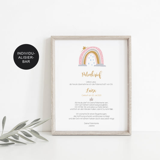 Patenbrief Regenbogen personalisiert an Patenkind als Geschenk Taufe