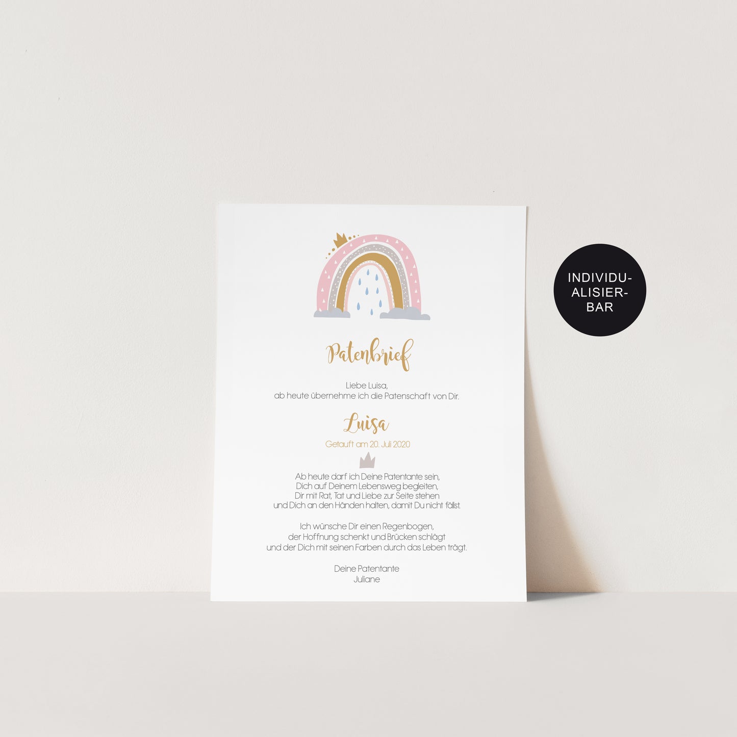 Patenbrief Regenbogen personalisiert an Patenkind als Geschenk Taufe