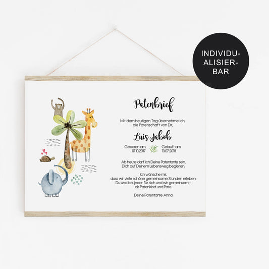 Patenurkunde/Taufbrief personalisiert an das Patenkind – Safari – Taufgeschenk