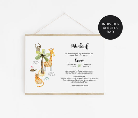 Patenurkunde Safari personalisiertes Taufgeschenk an das Patenkind